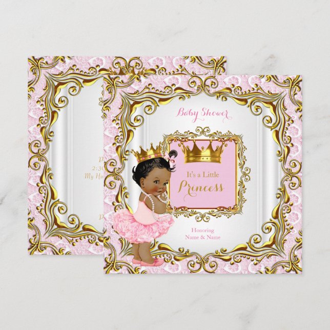 Invitation Ethnic Princess Baby shower Rose Lace Blanc Or (Devant / Derrière)