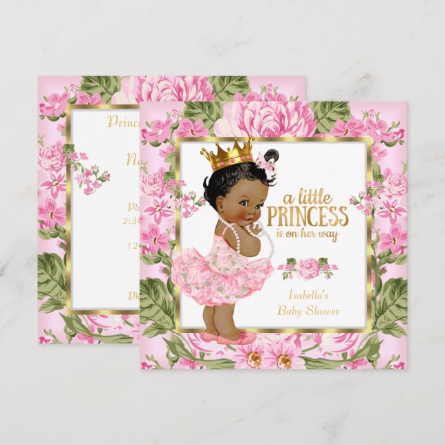Invitation Ethnic Princess Baby shower rose or Rose Floral (Devant / Derrière)