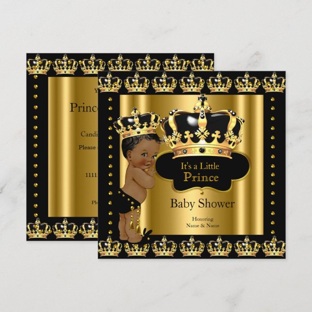Invitation Ethnic Royal Prince Baby shower Black Gold Crown (Devant / Derrière)