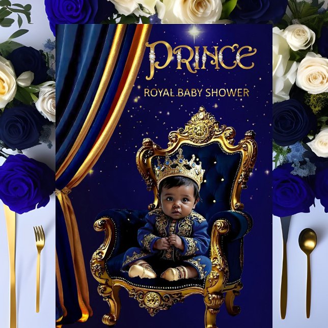 Invitation Ethnic Royal Prince Baby shower Blue Gold Chaise (Créateur téléchargé)