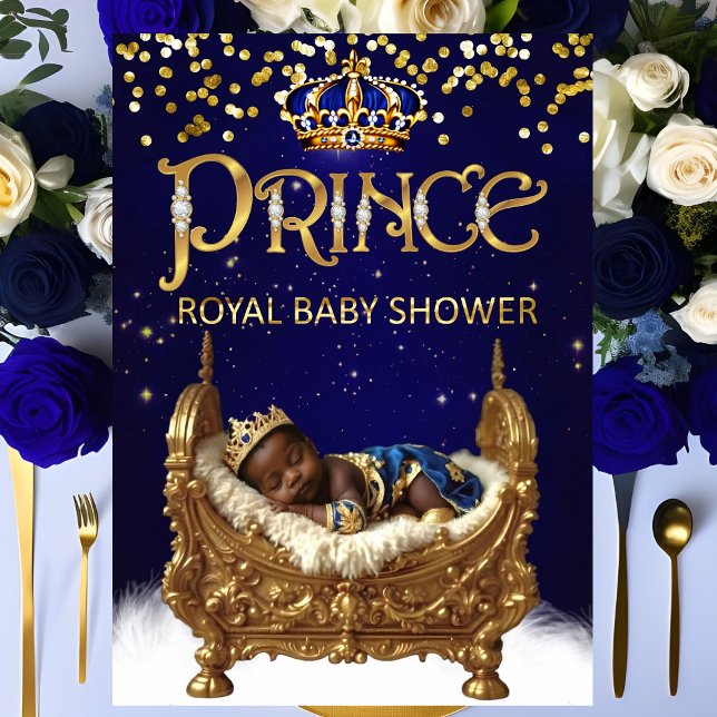 Invitation Ethnic Royal Prince Baby shower Blue Gold Crib (Créateur téléchargé)