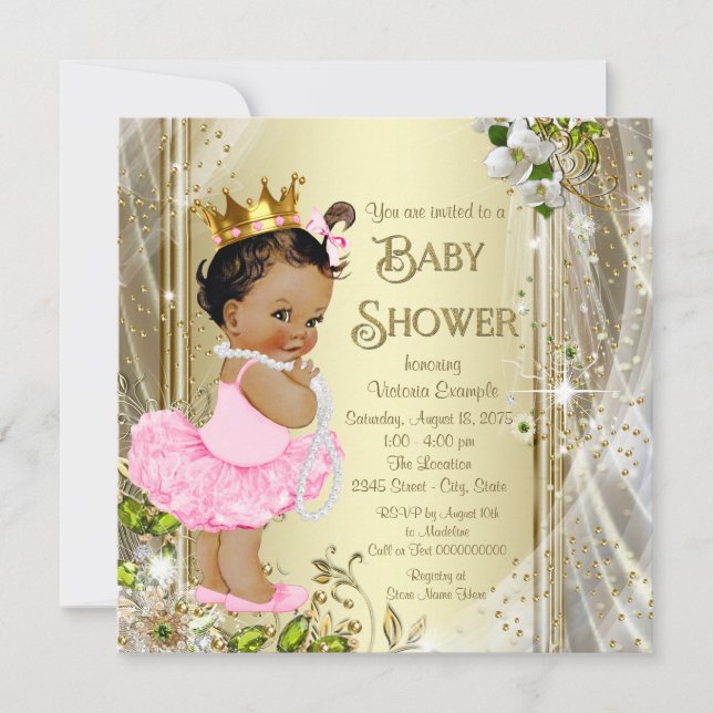 Invitation Ethnic Tutu Princess Baby shower d'or rose (Devant)