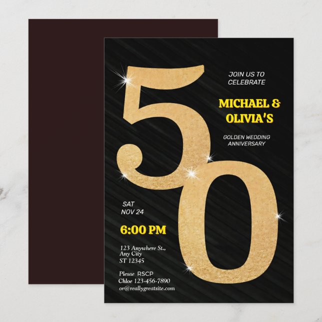Invitation Étincelant Noir & Or 50e Anniversaire d'Or (Devant / Derrière)