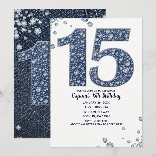 Invitation Étincelle à bille Denim & Diamonds 15ÈME 15 Annive (Devant / Derrière)