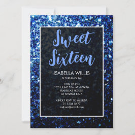Invitation Étincelle bleu foncé Sweet 16 élégant script