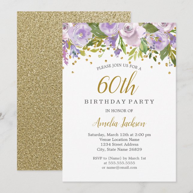 Invitation Étincelle Florale pourpre 60e anniversaire Invitat (Devant / Derrière)