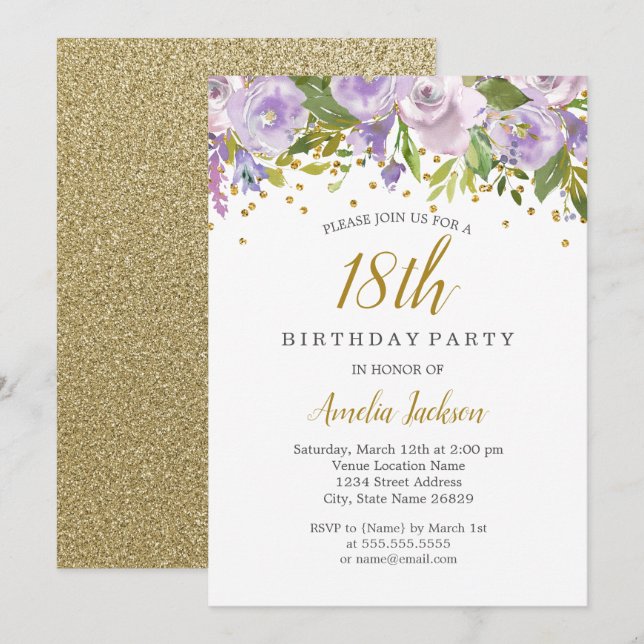 Invitation Étincelle Florale Violet 18e anniversaire Invitati (Devant / Derrière)