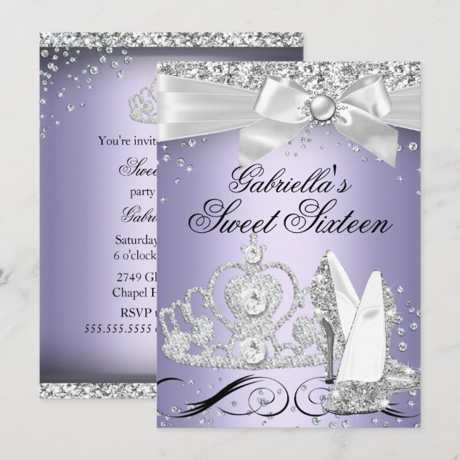 Invitation Étincelle Tiara & talons Purple Sweet 16 Invitatio (Devant / Derrière)
