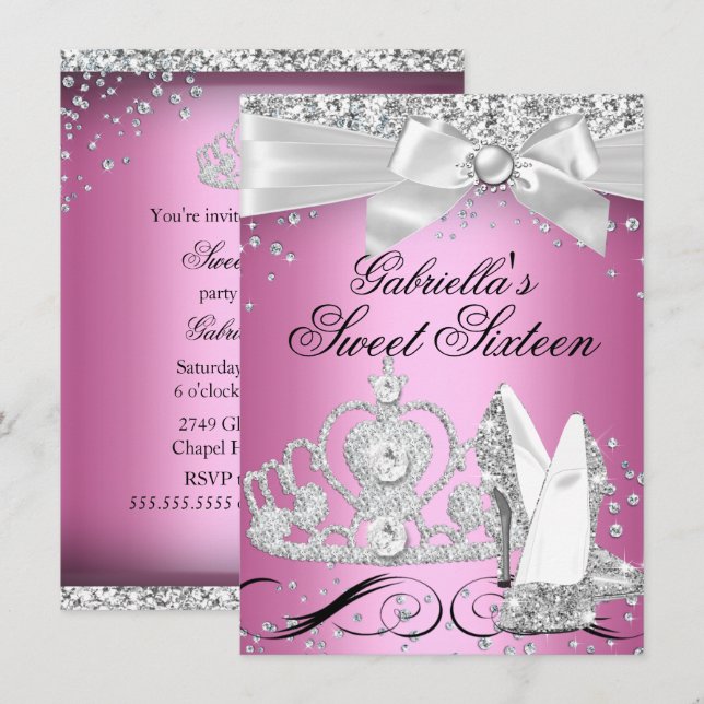 Invitation Étincelle Tiara talons rose doux 16 (Devant / Derrière)