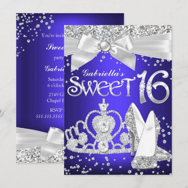 Invitation Étincelle Tiara & talons Sweet 16 Royal Blue viole (Devant / Derrière)