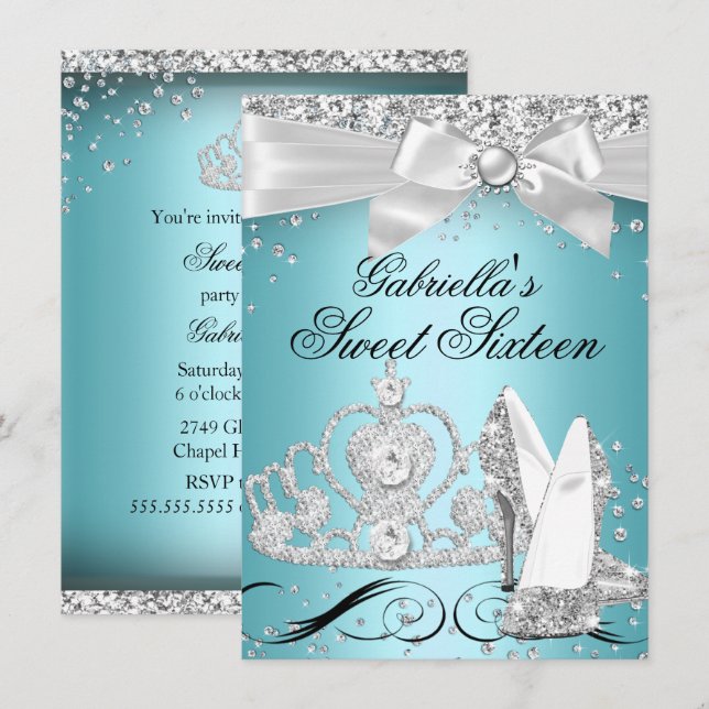Invitation Étincelle Tiara Talons Turquoise doux 16 (Devant / Derrière)