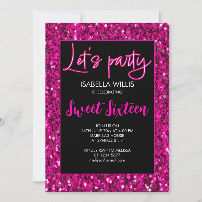 Invitation Étincelles roses chaudes Sweet 16 néon laisse la f (Devant)
