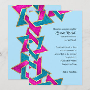 Invitation Étoile bat mitzvah rose turquoise de David