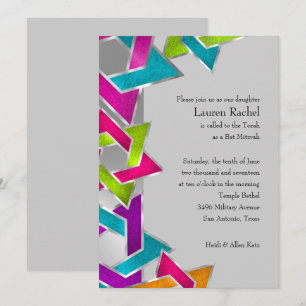 Invitation Étoile d'argent multicolore bat mitzvah de David