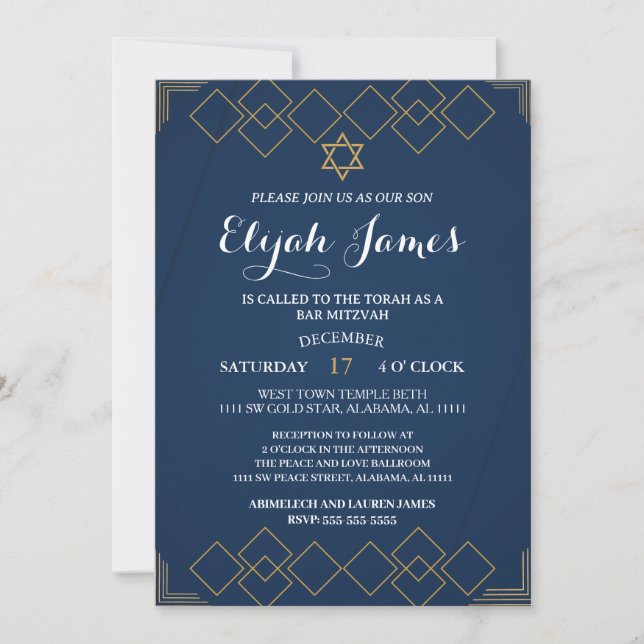 Invitation Étoile de David Bar Mitzvah élégante moderne en or (Devant)