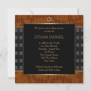 Invitation Étoile de David en cuir noir marron Bar Mitzvah