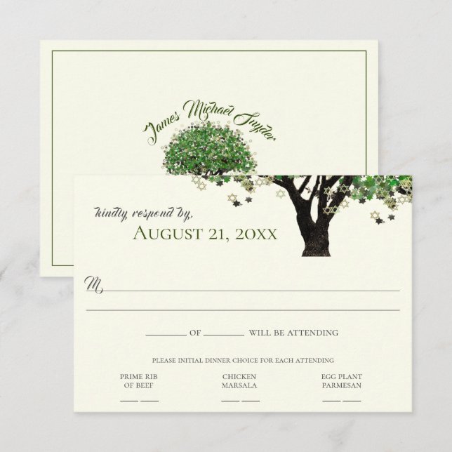 Invitation Étoile de David Mitzvah RSVP encadrée par un arbre (Devant / Derrière)