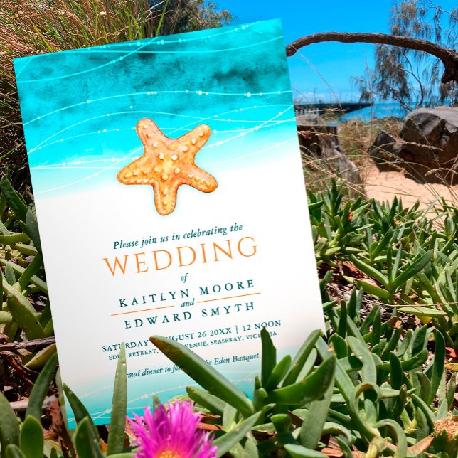 Invitation Étoile de mer océan aquarelle mariage aqua corail (Créateur téléchargé)