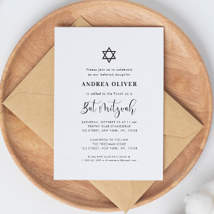 Invitation Étoile de script élégant de David Bat mitzvah blan