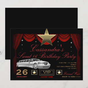 Invitation Étoile d'Or Noir Rouge Limo Hollywood Fête d'Anniv