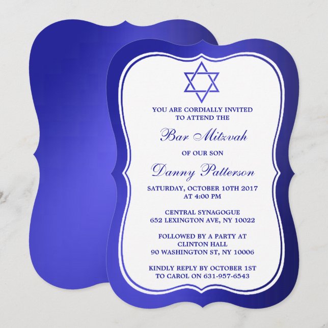 Invitation Etoile Juive Bleue Métallique De David Bar Mitzvah (Devant / Derrière)