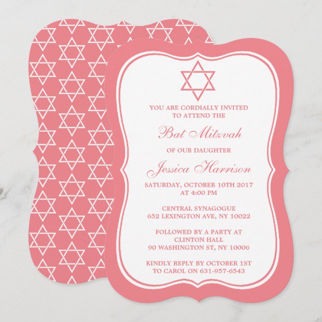 Invitation Étoile Juive Rose Et Blanc De David Bat mitzvah (Devant / Derrière)