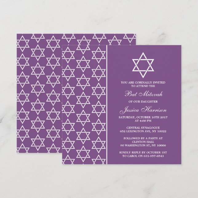 Invitation Étoile Juive Violet Et Blanche De David Bat mitzva (Devant / Derrière)
