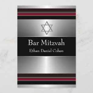 Invitation Étoile noire rouge argentée de David Bar Mitzvah