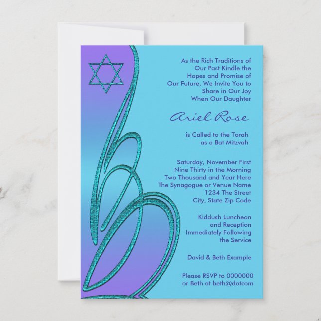 Invitation Étoile Turquoise violette de David Bat mitzvah (Devant)