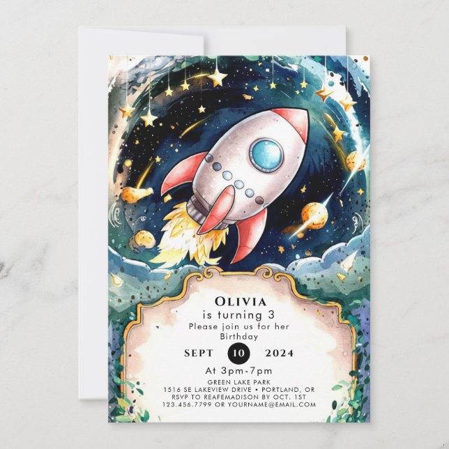 Invitation Etoiles Aquarelle Rocket Anniversaire (Devant)