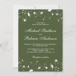 Invitation Étoiles Argent Confettis Vert Olive Code QR Mariag