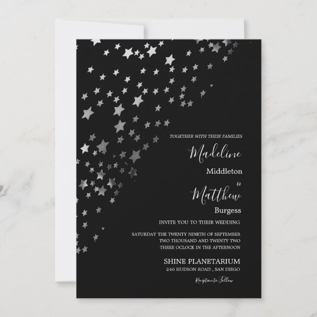 Invitation Étoiles Astrales Argent Mariage Soirée Noire (Devant)