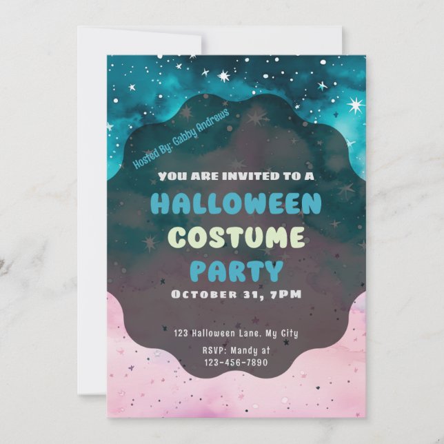 Invitation Etoiles bleues et roses Halloween moderne (Devant)