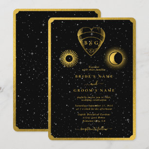 Invitation Étoiles célestes Crescent Lune Mariage d'or noir