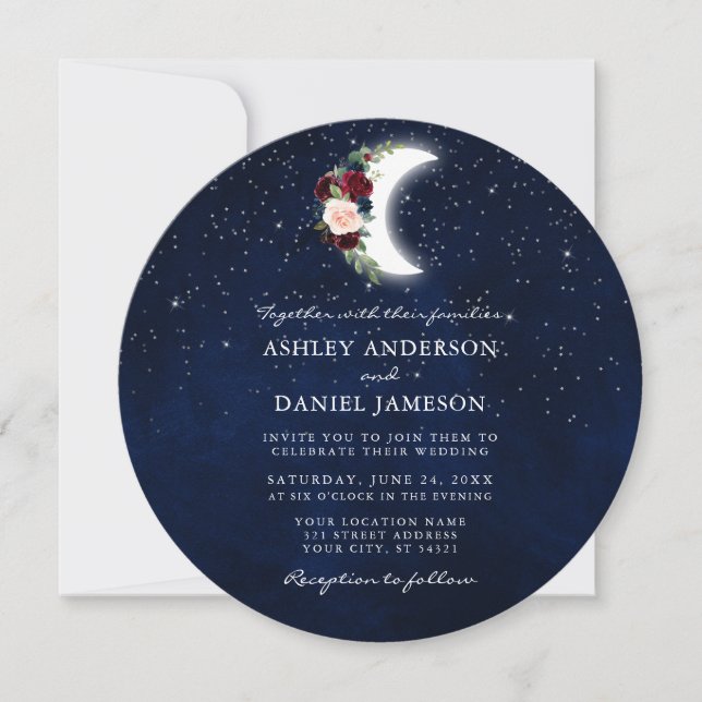 Invitation Étoiles célestes de lune Mariage floral rond (Devant)