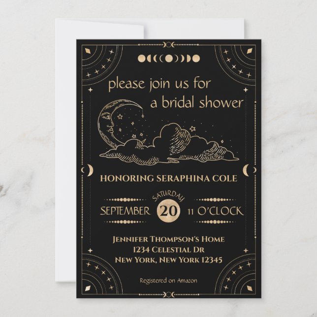 Invitation Etoiles célestes d'or et Fête des mariées de lune (Devant)