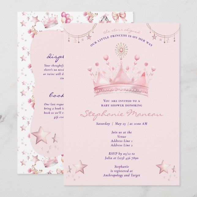 Invitation Étoiles célestes roses Baby shower aligné (Devant / Derrière)