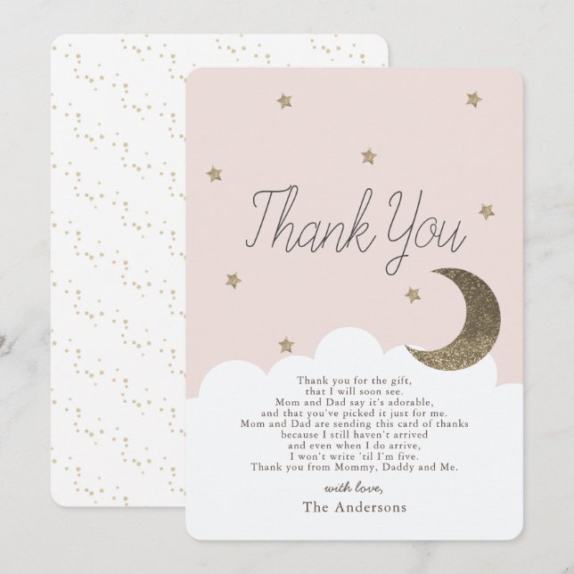 Invitation Étoiles & Crecent Lune Baby shower rose Merci I (Devant / Derrière)