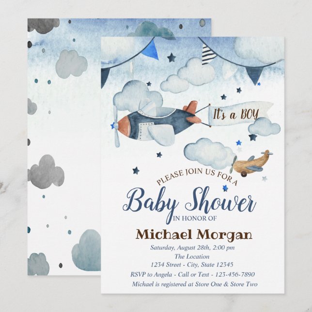 Invitation Etoiles d'aquarelle mignonnes, Nuages, Baby shower (Devant / Derrière)