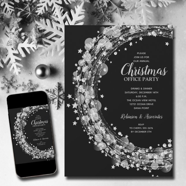 Invitation Étoiles d'argent Noël (Silver Stars Christmas Holiday Party Invitations - INSTANT DOWNLOAD and/or PRINTED)