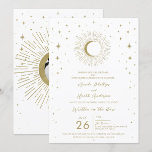 Invitation Étoiles de blanc or soleil céleste photo mariage