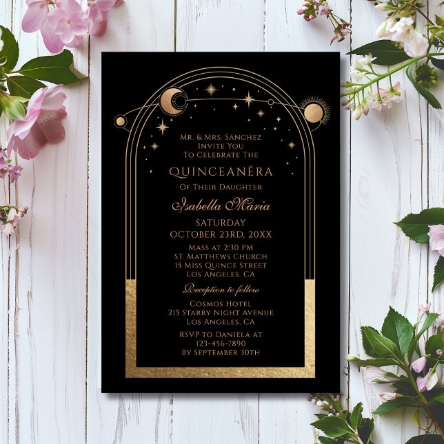 Invitation Étoiles de la lune d'or noir céleste Quinceañera (Créateur téléchargé)
