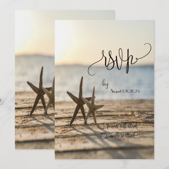 Invitation Étoiles de mer Plage de sable Script RSVP   (Devant / Derrière)