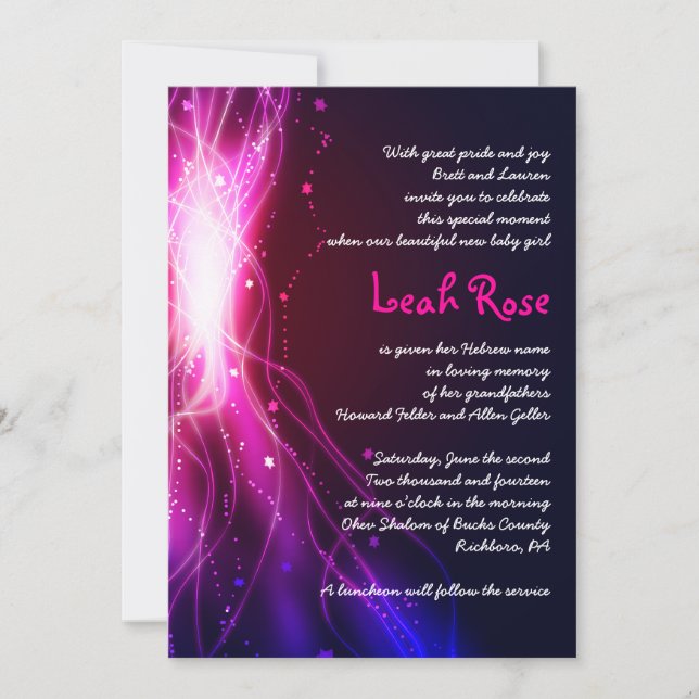 Invitation Étoiles de néon brillant Juif Baby Naming Invitati (Devant)