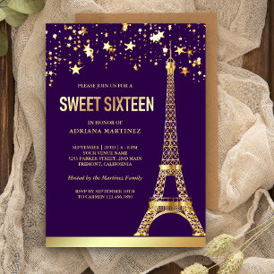 Invitation Étoiles de papier d'or Tour Eiffel Sweet Sixteen V