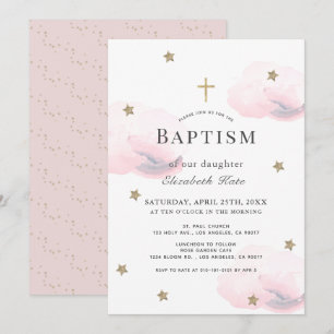 Invitation Étoiles d'or et nuages roses Fille Baptême