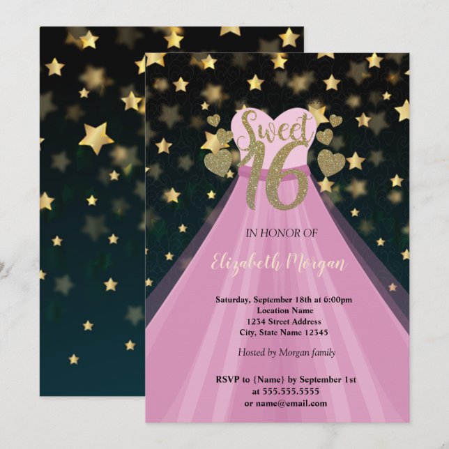 Invitation Étoiles d'or, Parties scintillant, Robe Douce 16 P (Devant / Derrière)
