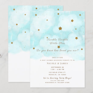 Invitation Étoiles Dorées et Nuages Ciel Bleu Baby Shower Jum