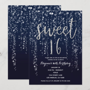 Invitation Étoiles enchantées Lumières Argent & Bleu Sweet 16