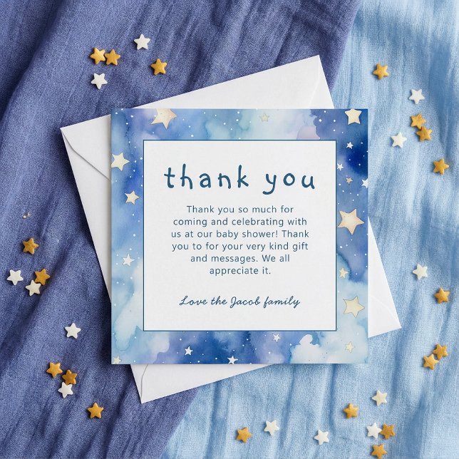Invitation Etoiles et ciel de nuit baby shower bleu merci (Stars and night sky baby shower blue thank you invitation.)